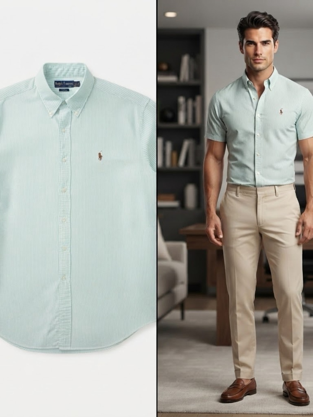 Ralph Lauren Mint Green Striped Short-Sleeve Button-Down Shirt XL
